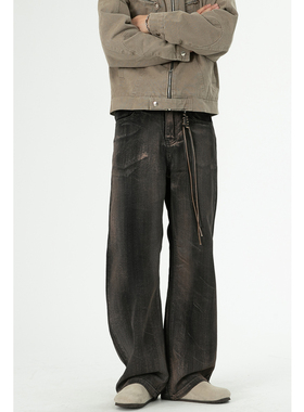 十九秋/2024秋季新款潮流美式复古黑色牛仔裤长裤宽松直筒男裤子