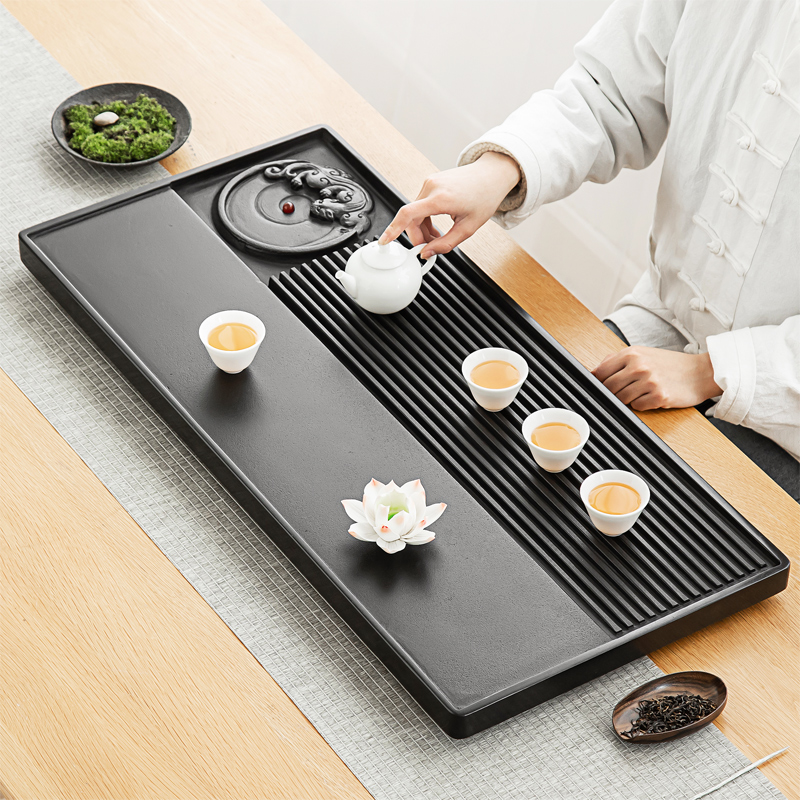 友尚整块乌金石精雕貔貅双排茶盘