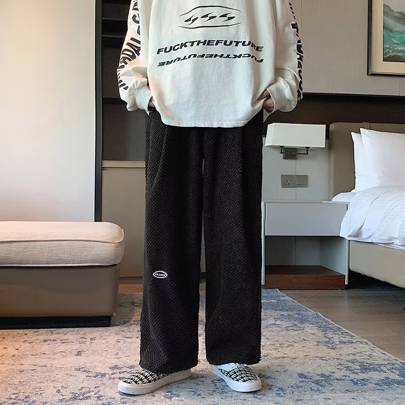 港风hiphop裤子秋天小众原创设计华夫格休闲长裤男抽绳九分束脚裤,男装休闲裤,星座310B-1