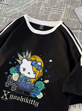 X乐队yoshiKitty印花短袖T恤男女童2025夏季新款三条杠拼接上衣