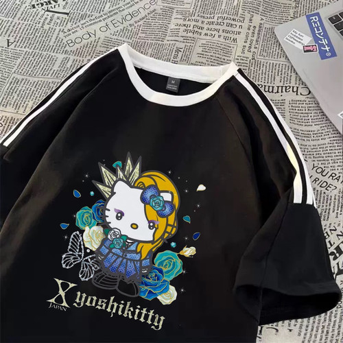X乐队yoshiKitty印花短袖T恤男女童2025夏季新款三条杠拼接上衣