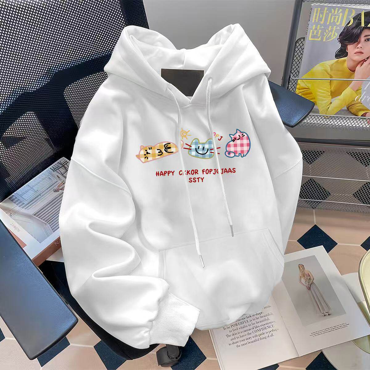 小清新可爱格子猫印花男女童连帽带兜套头春秋冬加厚宽松百搭卫衣
