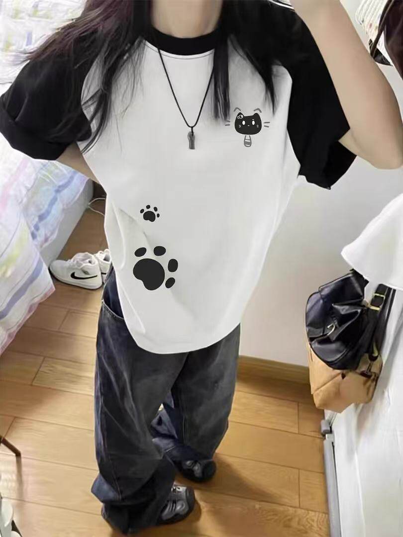 小学生女童清新气球小猫爪印花童言童梦系可爱夏季薄款透气上衣
