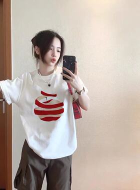 初高中生夏季新款美式复古条纹苹果印花T恤宽松oversize休闲短袖