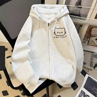 小学生开心小猫咪胸前小印花开衫连帽带兜春秋冬加厚卫衣宽松百搭