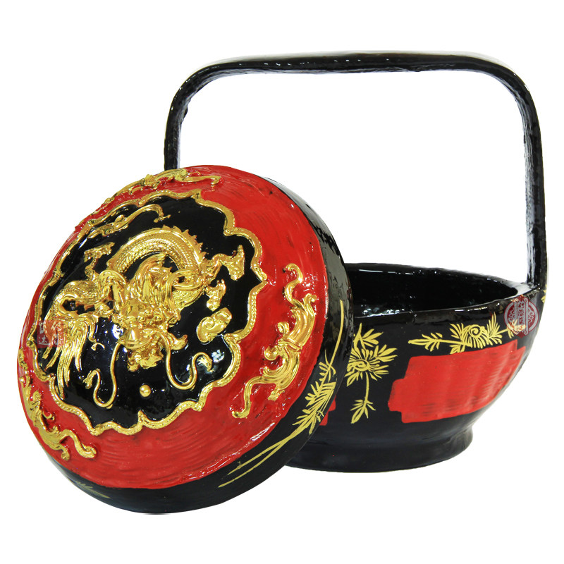 传漆艺述永春小漆篮手工艺线雕龙竹编大漆金箔婚嫁饰品篮烧香篮子