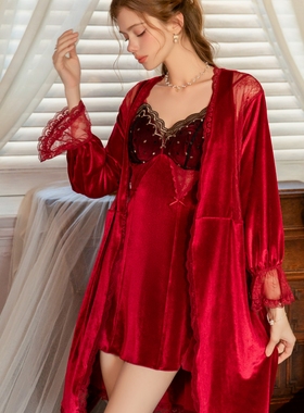 红色性感睡衣女带胸垫聚拢丝绒吊带睡裙睡袍两件套装高级感家居服