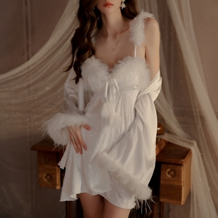 夏季 高级感 纯欲风性感睡衣女带胸垫羽毛冰丝吊带睡裙睡袍两件套装