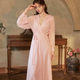 法式性感睡衣女长袖睡袍长款晨袍系带浴袍冰丝睡裙长裙蕾丝家居服