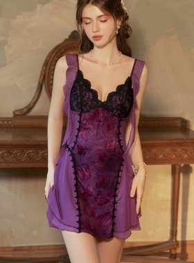 甜美纯欲紫色性感睡衣女带胸垫蕾丝吊带睡裙小胸聚拢高级感家居服