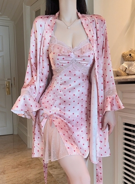 波点性感睡衣女带胸垫冰丝吊带睡裙蕾丝高级感睡袍两件套装家居服