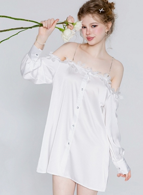 大码胖mm冰丝性感睡衣女宽松白色衬衫式吊带睡裙长袖高级感家居服