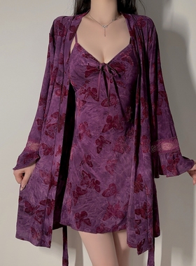 纯欲风紫色性感睡衣女带胸垫聚拢冰丝吊带睡裙高级感睡袍两件套装