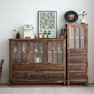 美式餐边柜实木斗柜客厅茶水柜玻璃酒柜复古收纳柜子置物架玄关柜