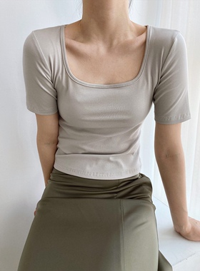 2025夏季新款法式复古纯色短款方领短袖T恤女高腰修身露锁骨上衣