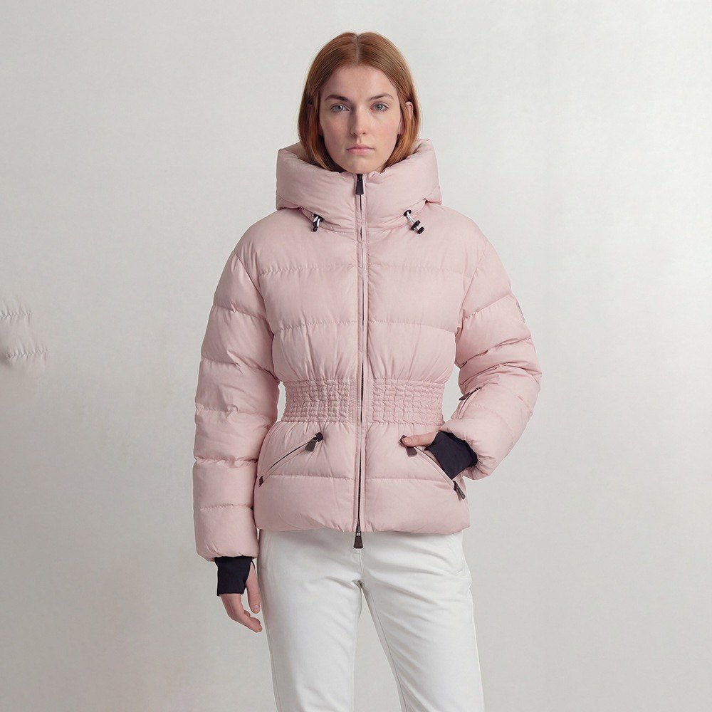 粉色连帽收腰短款羽绒服女滑雪