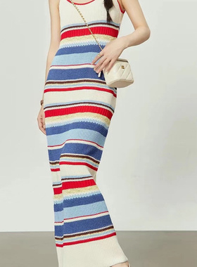 2025夏季新款法式百搭撞色条纹气质优雅显瘦气质针织长款吊带裙女