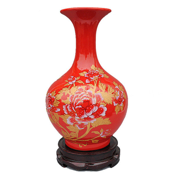 景德镇陶瓷器中国风红色小花瓶新房喜庆家居软装饰品结婚中式摆件