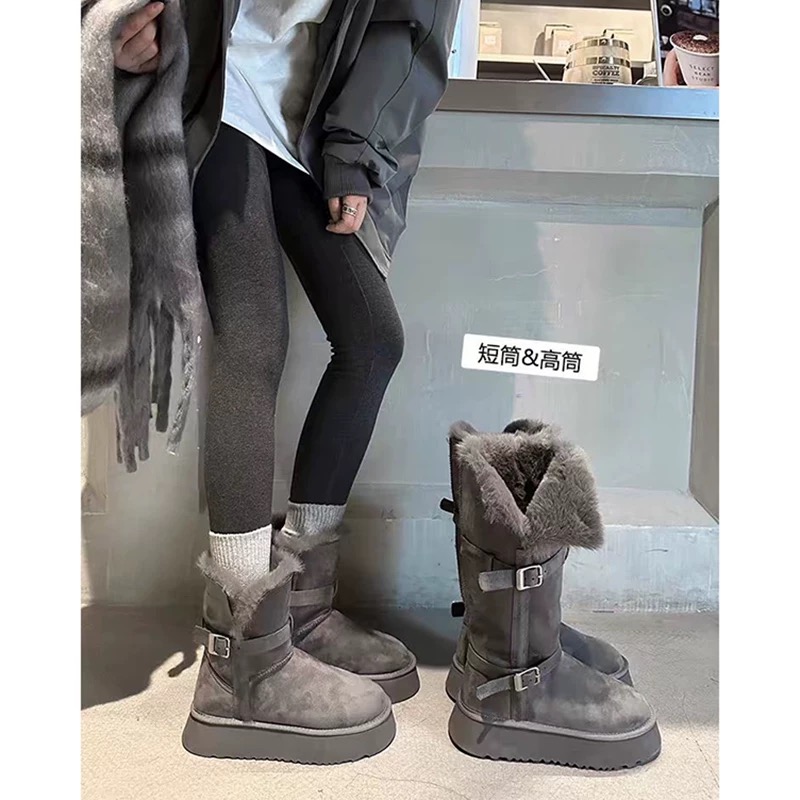 羊皮毛一体灰色骑士雪地靴厚底女款冬季2025新款加绒保暖长筒棉靴