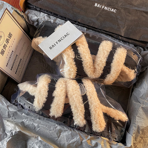 章若楠同款真皮羊羔毛拖鞋女秋季2025新款厚底勃肯半拖鞋女毛毛拖