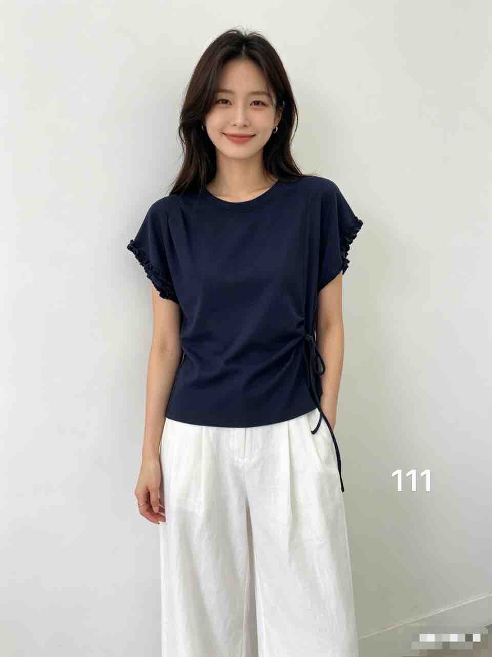 欧洲站2026年夏新款时尚褶皱不规则木耳边袖系带圆领短袖T恤女
