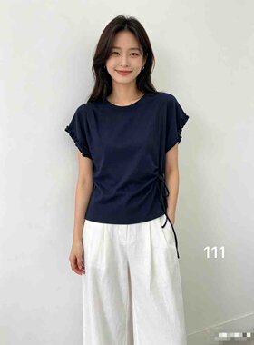 欧洲站2026年夏新款时尚褶皱不规则木耳边袖系带圆领短袖T恤女