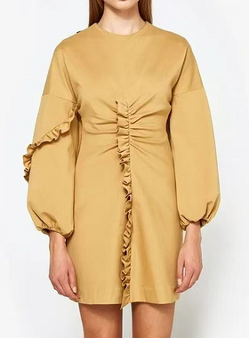 美国设计师T1B1 姜黄色罗马布不规则木耳边小花边长袖露背连衣裙