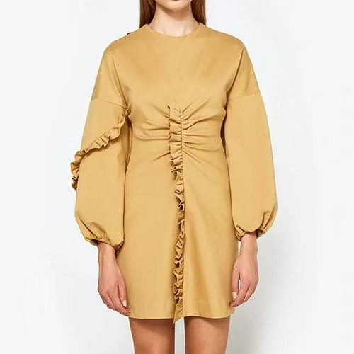 美国设计师姜黄色花边露背连衣裙