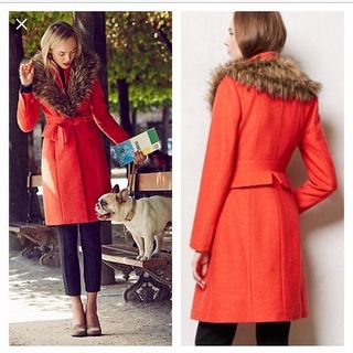 秋冬款小众设计 橘红色系羊毛混纺大毛领修身长袖毛呢外套大衣