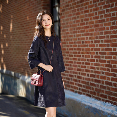 2026夏新款 极简重磅桑蚕丝 羊毛圆领光泽感提真丝连衣裙