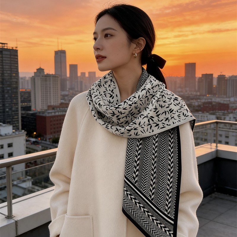 丝毛高级围巾女士冬季新款时髦千鸟格双面层真丝羊毛百搭保暖丝巾