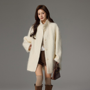2025秋冬新款拉毛山羊绒大衣女中长款加厚宽松显瘦羊毛呢外套跨境
