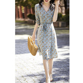26年夏季 新款 显瘦高腰系带真丝连衣裙印花茶歇桑蚕丝女中长裙