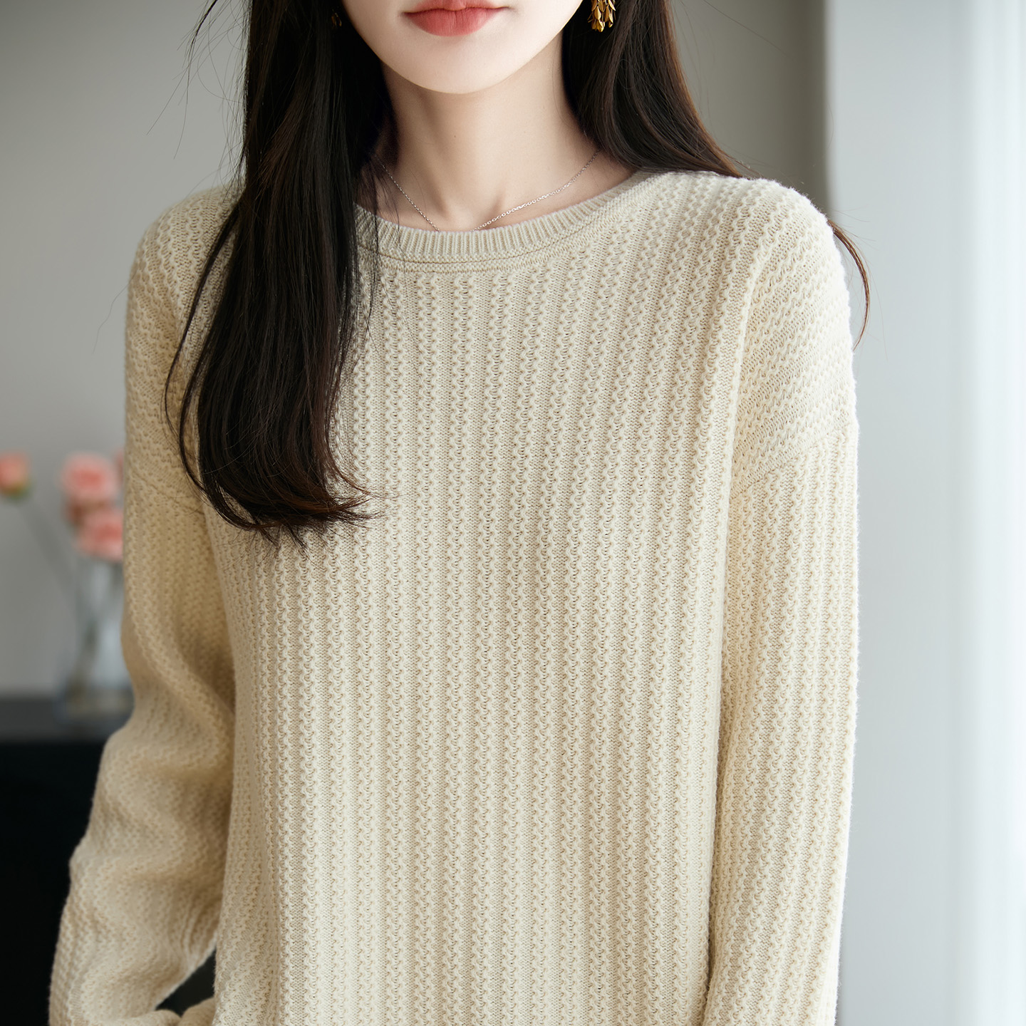 纯棉线加厚链条圆领针织衫