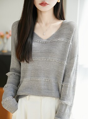 轻奢慵懒V领流苏珍贝绒毛衣女