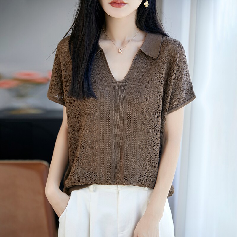 夏季天丝镂空V领显瘦针织衫女图片