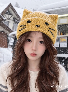 秋冬猫耳提花保暖护耳毛线帽女