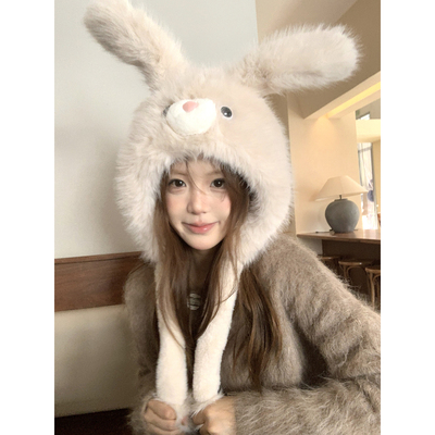 耳朵会动~兔耳朵毛绒帽女冬季可爱加绒加厚保暖防寒护耳雷锋帽子