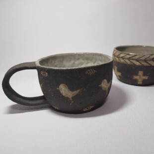 纯手工手作粗陶餐具小鸟马克杯咖啡杯 日式 日本作家器 宇田令奈