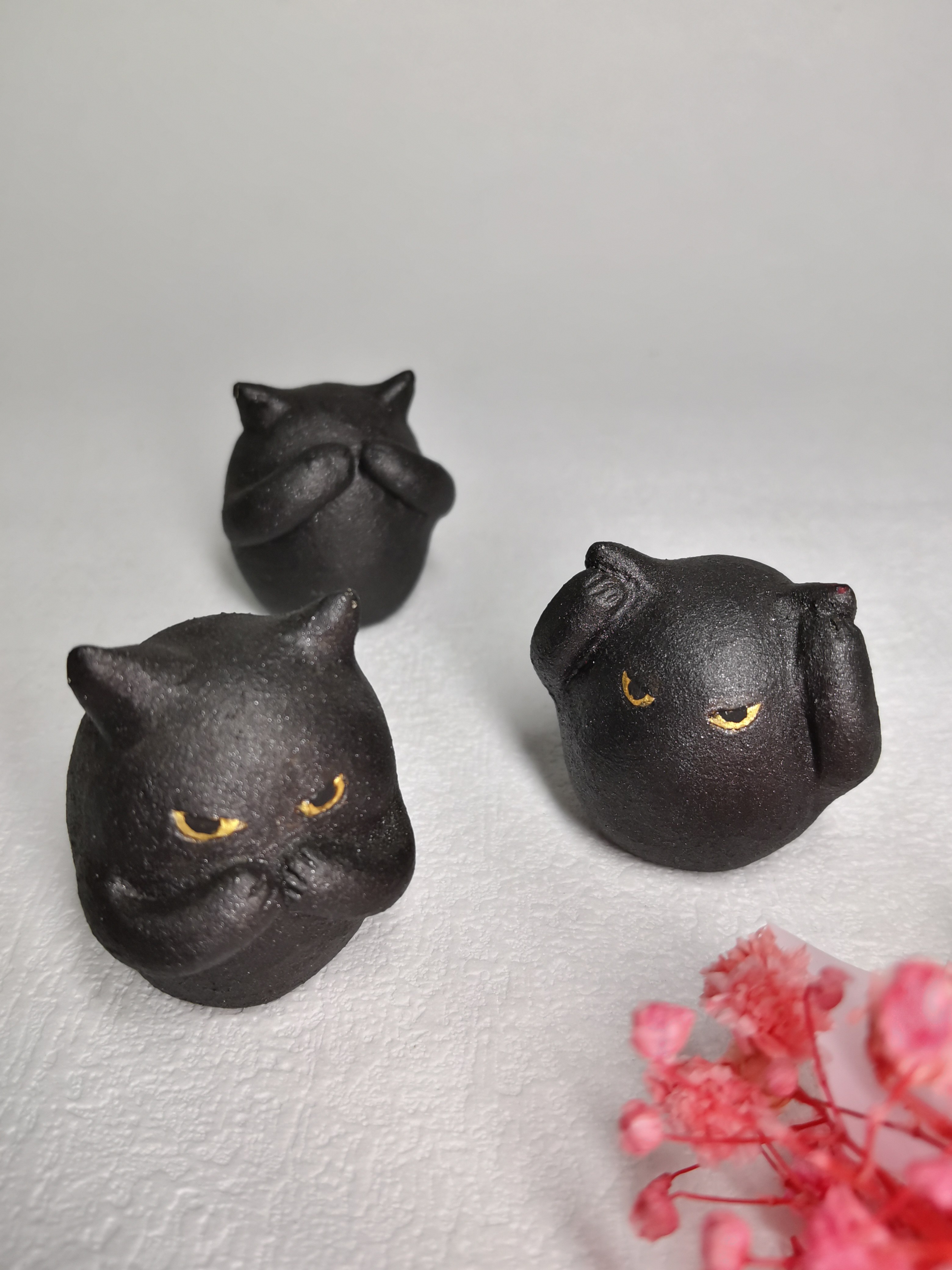日本作家器 日式纯手工黏土三不猫黑色可爱猫咪居家桌面摆件装饰