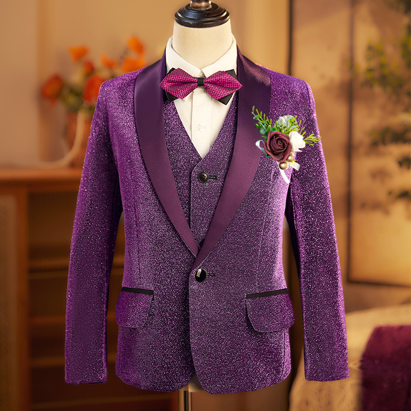 男童小西装主持人紫色亮片儿童礼服英伦风演出服学生舞台走秀套装