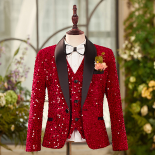 高端男童主持人礼服钢琴演出服儿童红色亮片西装套装小西服中大童