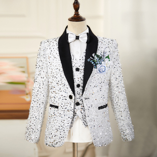 儿童白色亮片西服男童西装套装舞台走秀晚会小主持人钢琴演出礼服