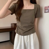 套装 2024春夏方领正肩短袖 显瘦休闲裤 胖mm别致气质小衫 T恤女大码