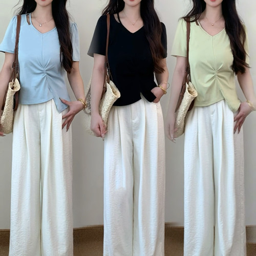 2025夏季新款大码胖mm不规则短袖T恤显瘦上衣+奶皮裤时尚套装女