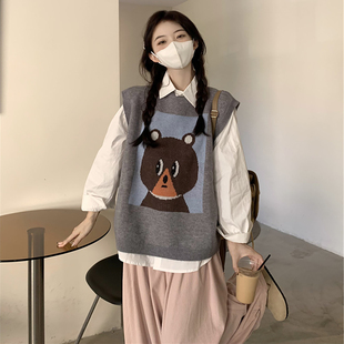 大码胖MM卡通针织马甲套装女秋冬可爱风毛衣背心衬衫超减龄两件套