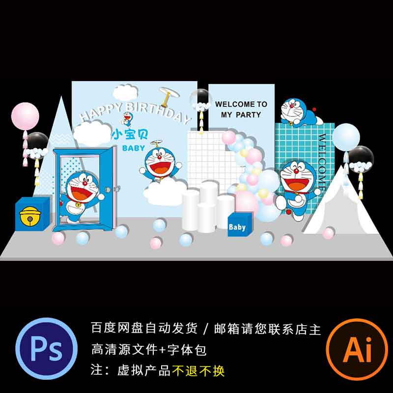 啦A梦机器猫叮当猫主题宝宝生日宴派对KT板PS素材背景设计AI