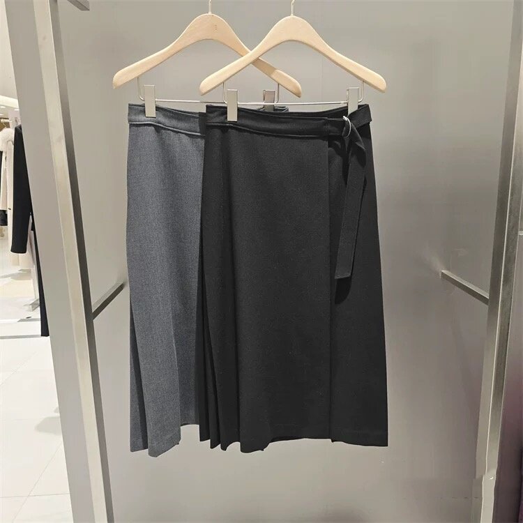 毛毛家韩国26春款腰带前侧开叉半身裙女中长款显瘦通勤百搭A字裙