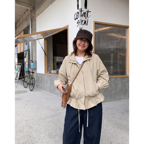 Q了个T大码女装微胖mm立领拉链薄款风衣 灯笼袖外套