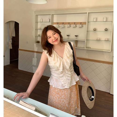 Q了个T巨好看大码女装微胖mm收腰小衫碎花双层半裙时髦套装高级感